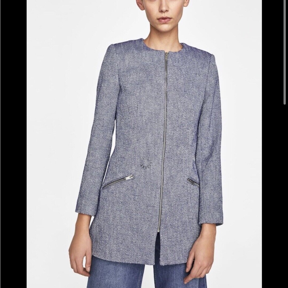 Zara Blue Tweed Frock Coat Kind Jacket Blazer With Zips Size S Blue White